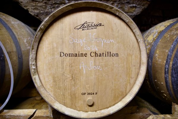 Close-up of a barrel in Philippe Chatillon's cellar