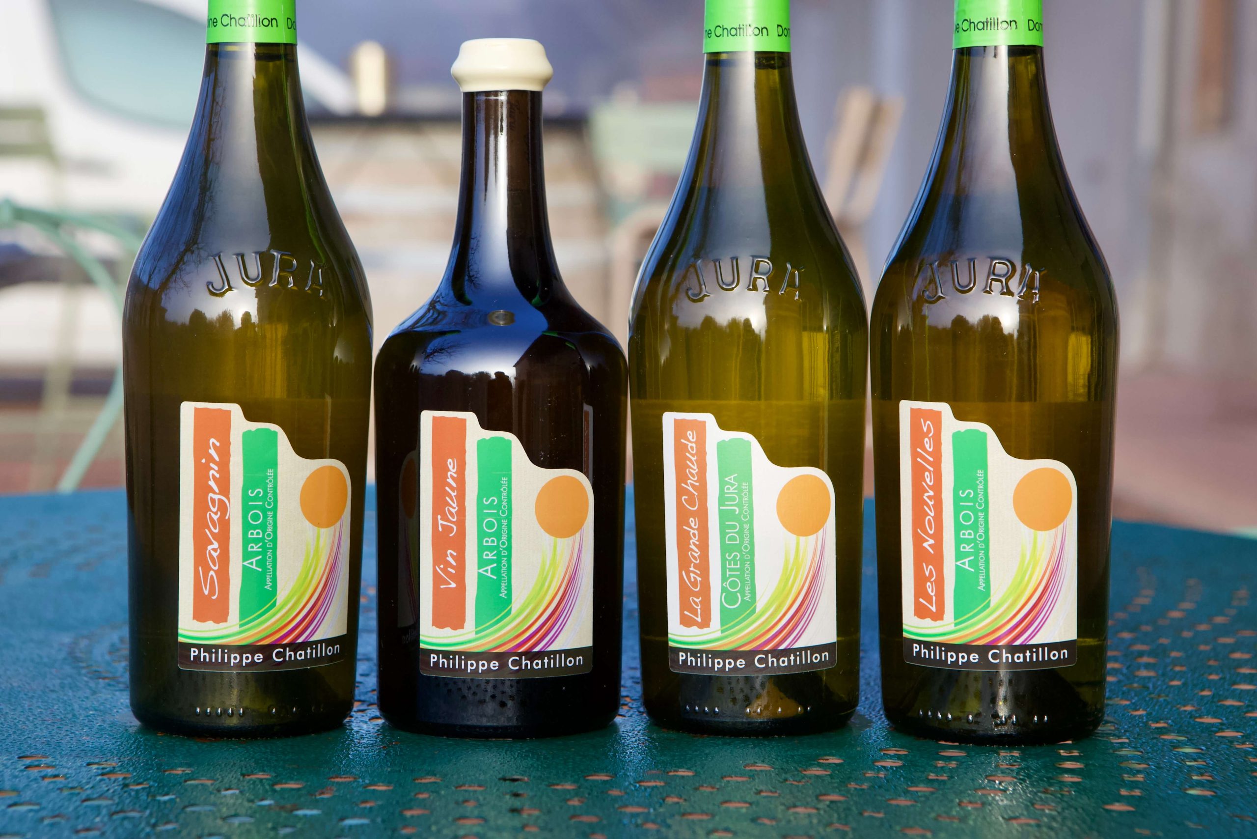 Row of Philippe Chatillon wine bottles