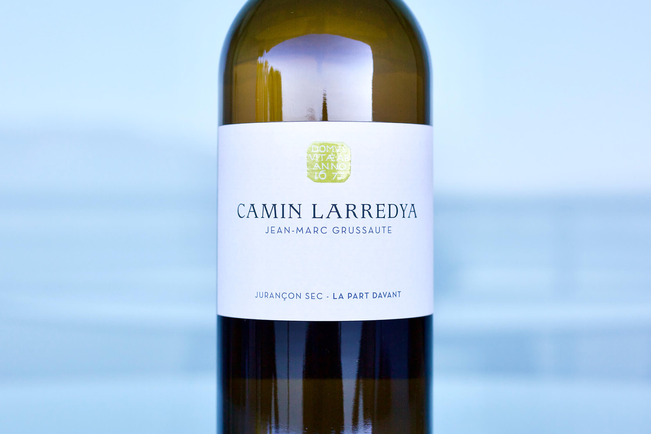 Close-up of a bottle of Camin Larredya wine