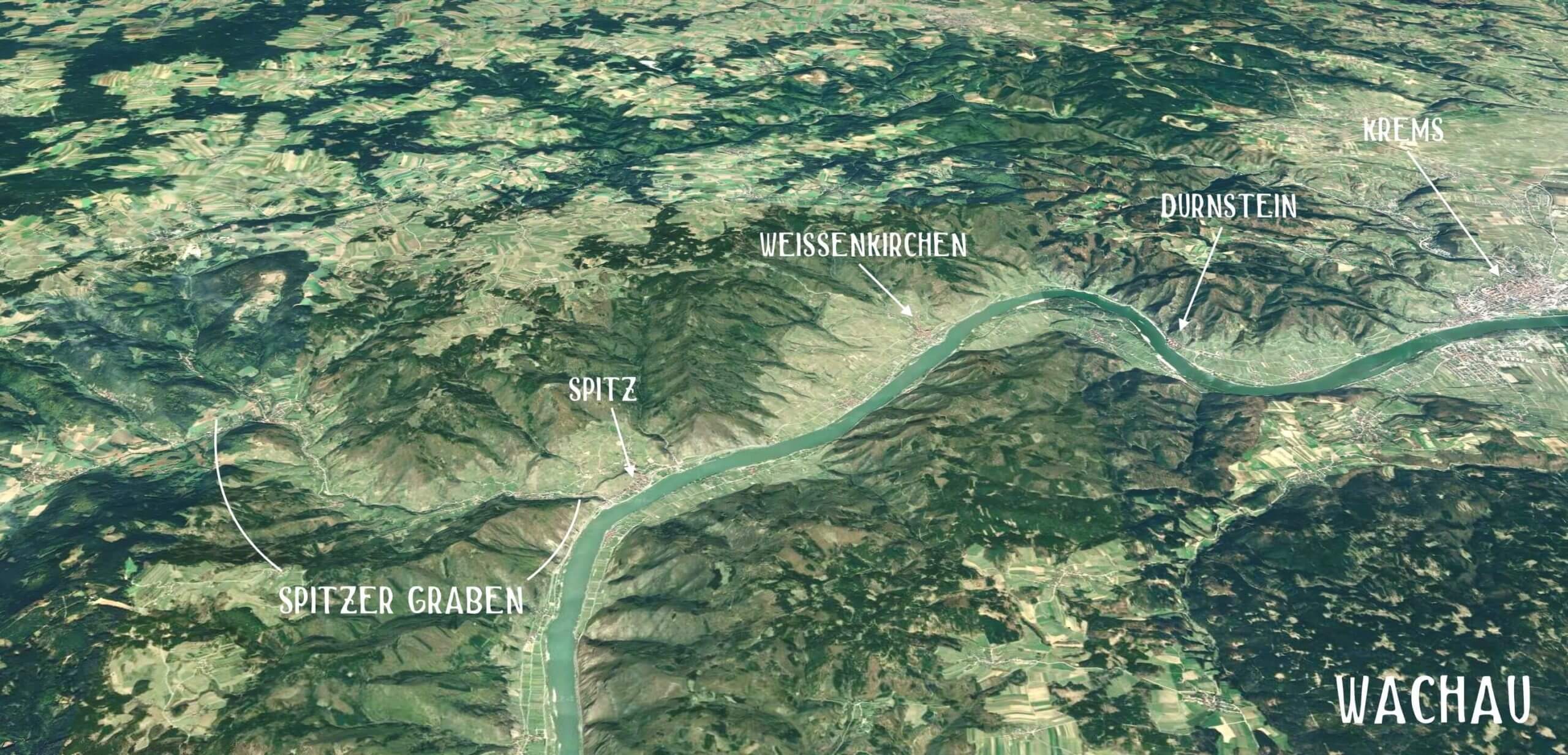 Aerial view of the Danube river flowing through the Wachau valley