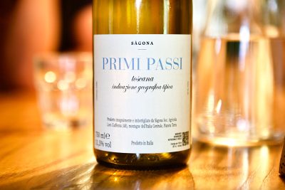 Sagona Primi Passi Toscana IGT white wine bottle on tasting table
