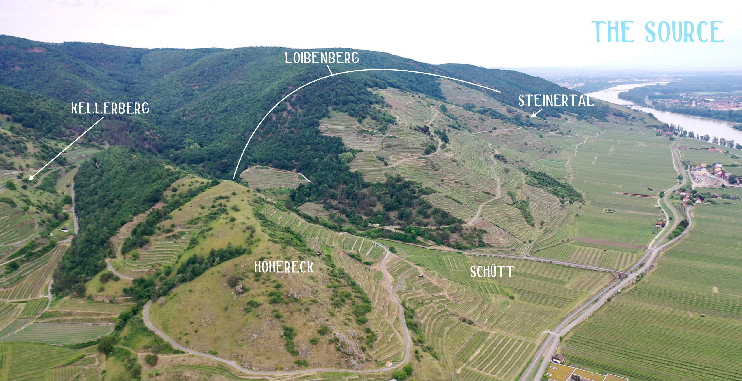 Aerial view of Tegernseerhof vineyards, Wachau