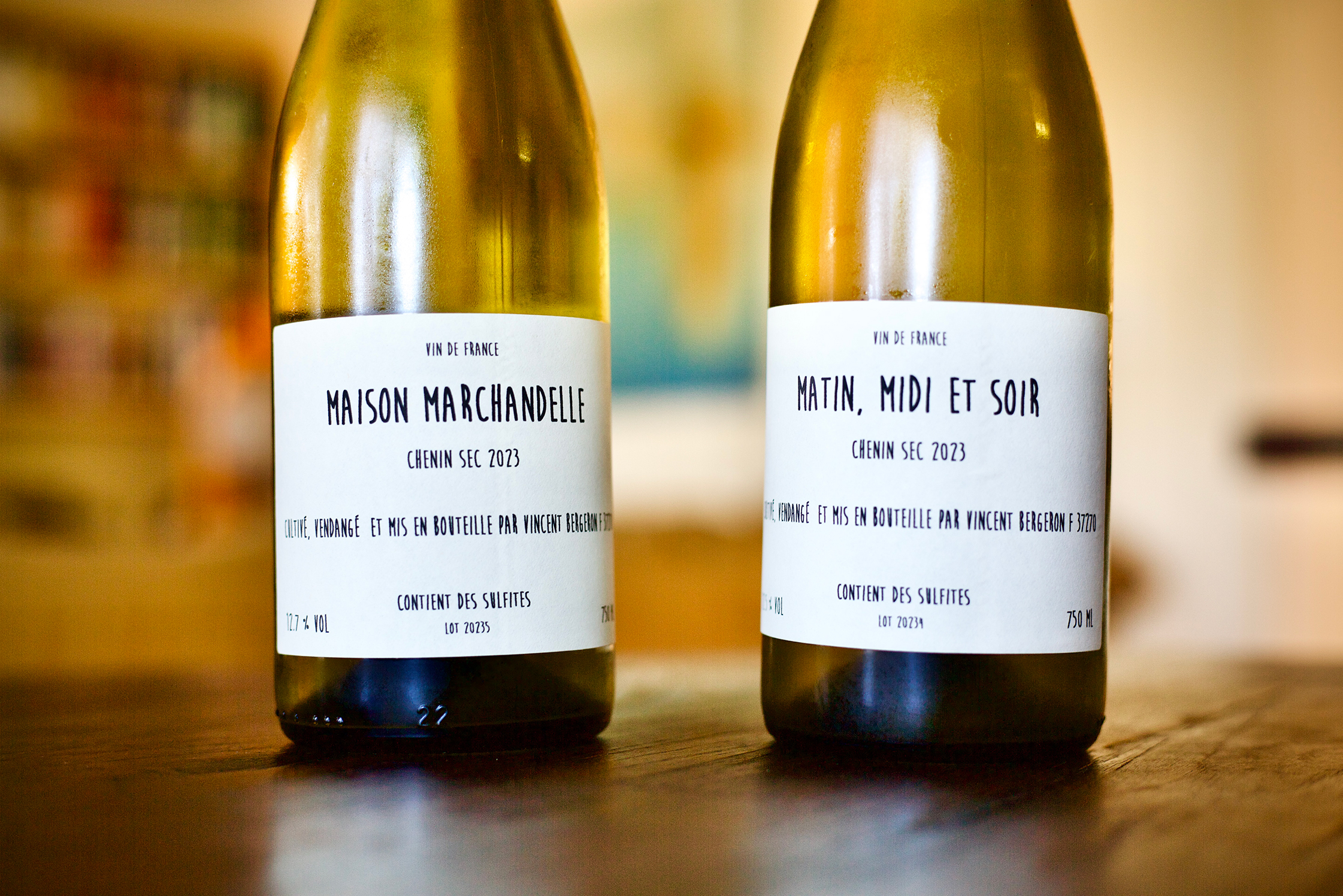 Close-up of two bottles of Vincent Bergeron 2023 Matin, Midi et Soir and Maison Marchandelle